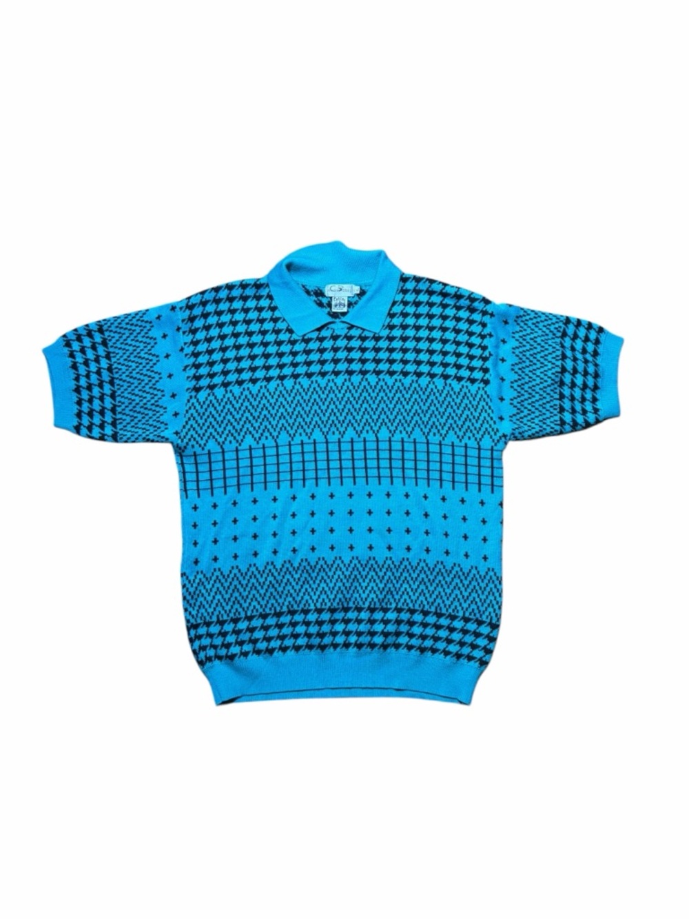 Vintage 80’s Blue Patterned Short Sleeve Sweater with Collar